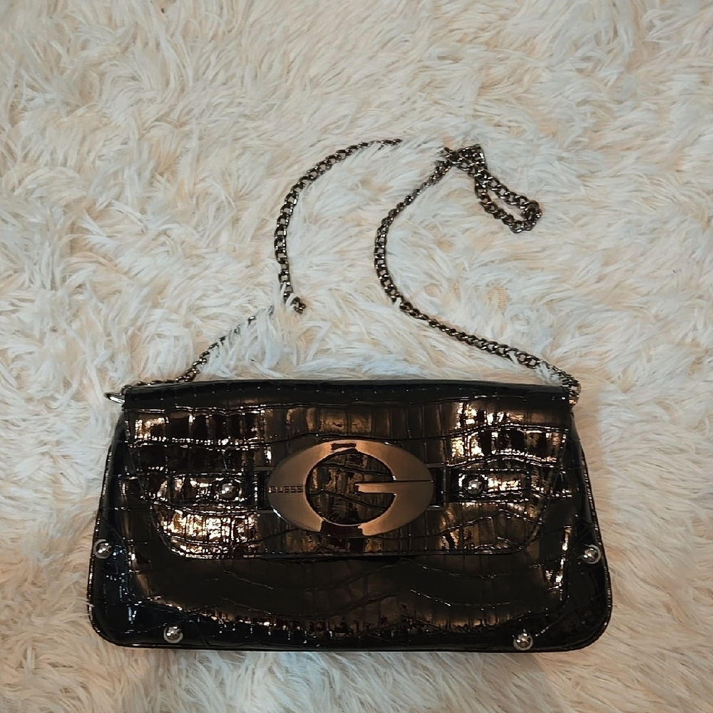 Guess Black Croc-Embossed Chain Bag